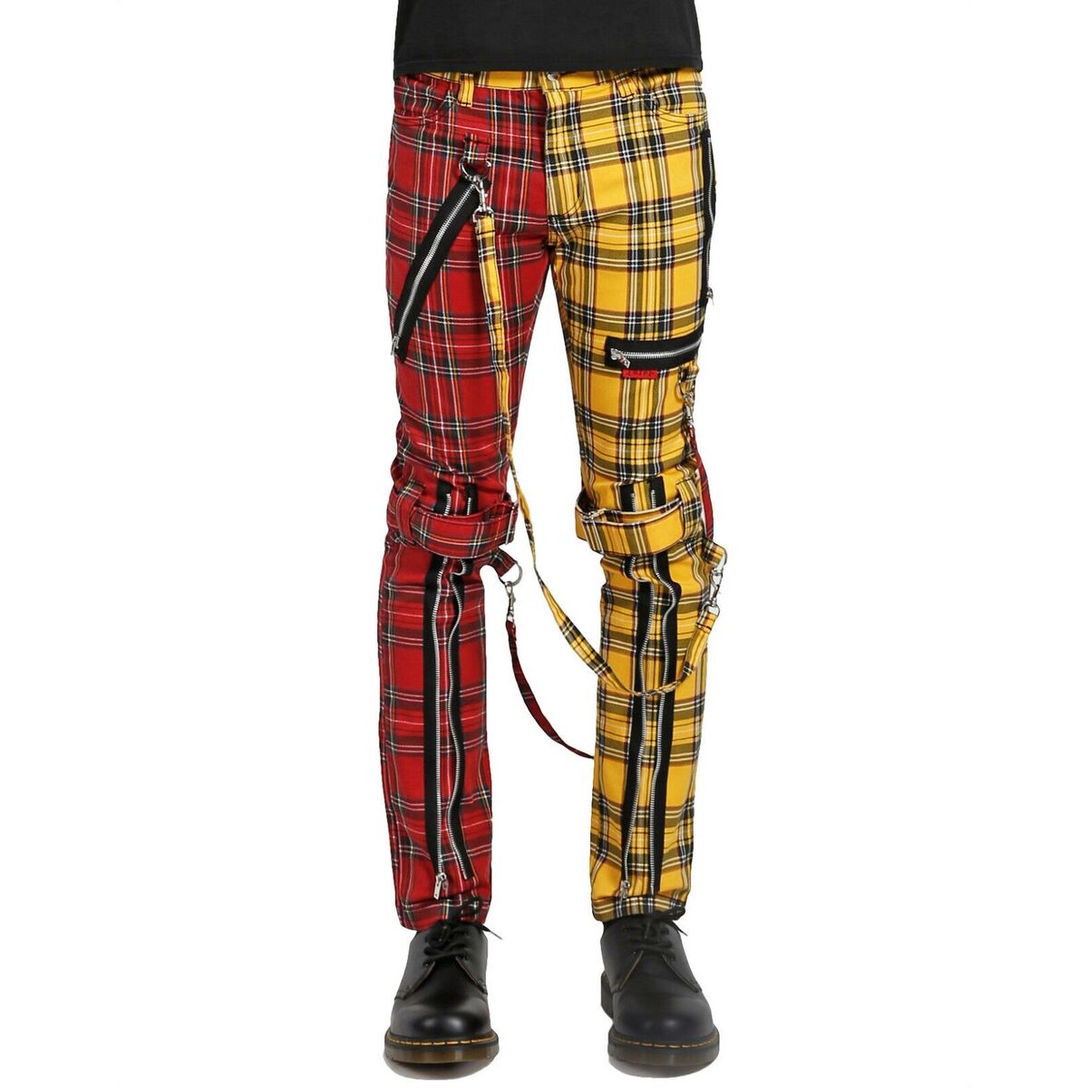 【BAON】Bulkin brushed banding painter strap pants Men Bondage Straps Punk Split Leg Plaid Jeans Pant