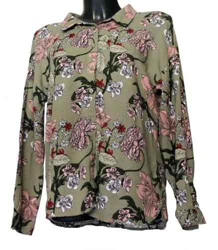 2 In 1 Damen Bluse Mit Knöpfen Und Krawattenkragen Grau Langarm Floral Shirt S