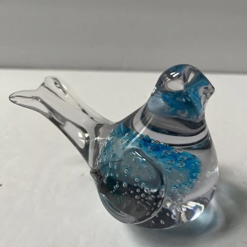 Vintage Blown Glass Blue Bird Paperweight Murano Style Controlled Bubbles
