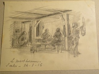 RARE DESSIN MILITAIRE ABRI MORT HOMME VERDUN ARDENNES GUERRE 14 18 WW1 1916