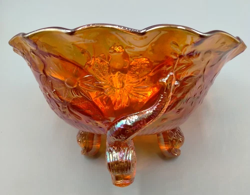 8" BRIGHT AMBER DIVING DOLPHINS COMPOTE/ BOWL WITH SCROLL EMBOSSED INTERIOR-NICE