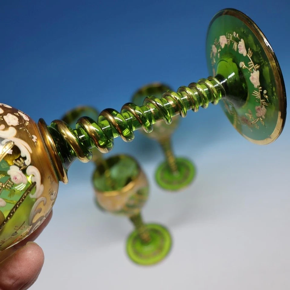 Bohemian Moser - эмалированные цветы - 4 бокала зеленого вина кубки со скрученными стержнями - Изображение 4 из 4