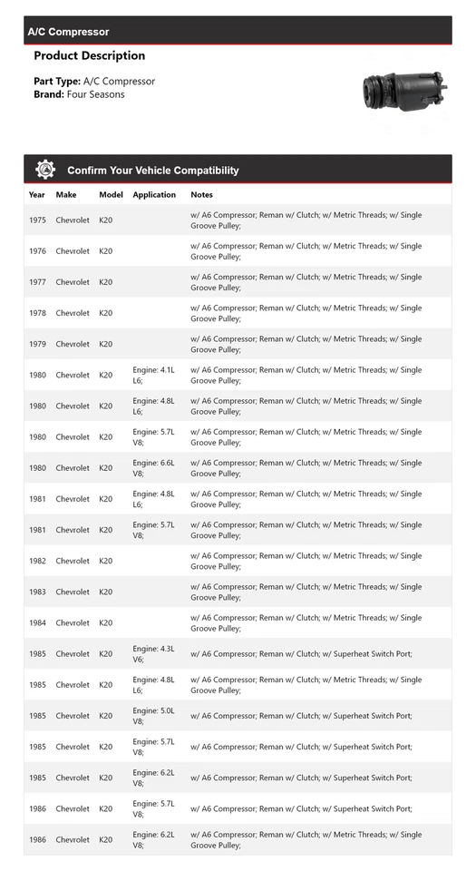 Compresor de aire acondicionado para Chevrolet K20 1975-1986 4 estaciones 1976 1977 1978 1979 1980 Foto 2 de 4