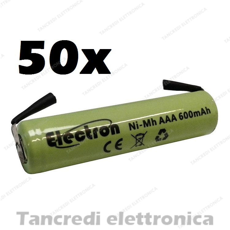 50 Pile AAA Ricaricabili 600mAh NiMh con Lamelle a Saldare - Kit Bulk