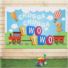 Choo Choo Fun Express Backdrop Banner - Vibrant Train Themed 2nd Birthday Party