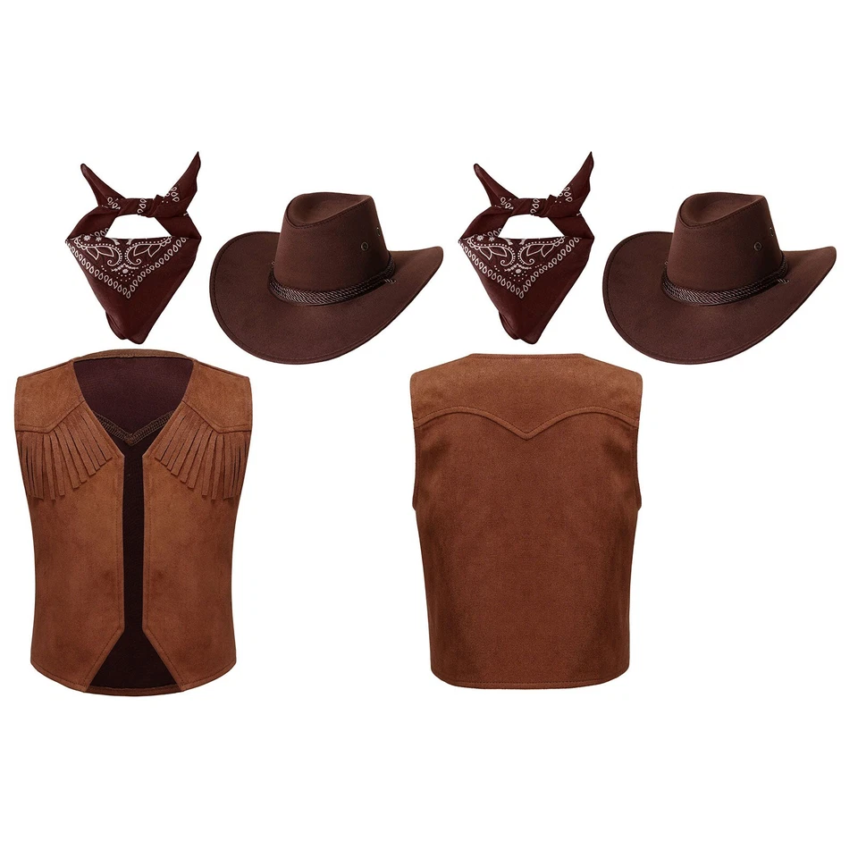 Unisex Kids Western Cowboy Outfit Vest with Bandanna Hat Sets Fancy Dress Up - Image 2 of 3