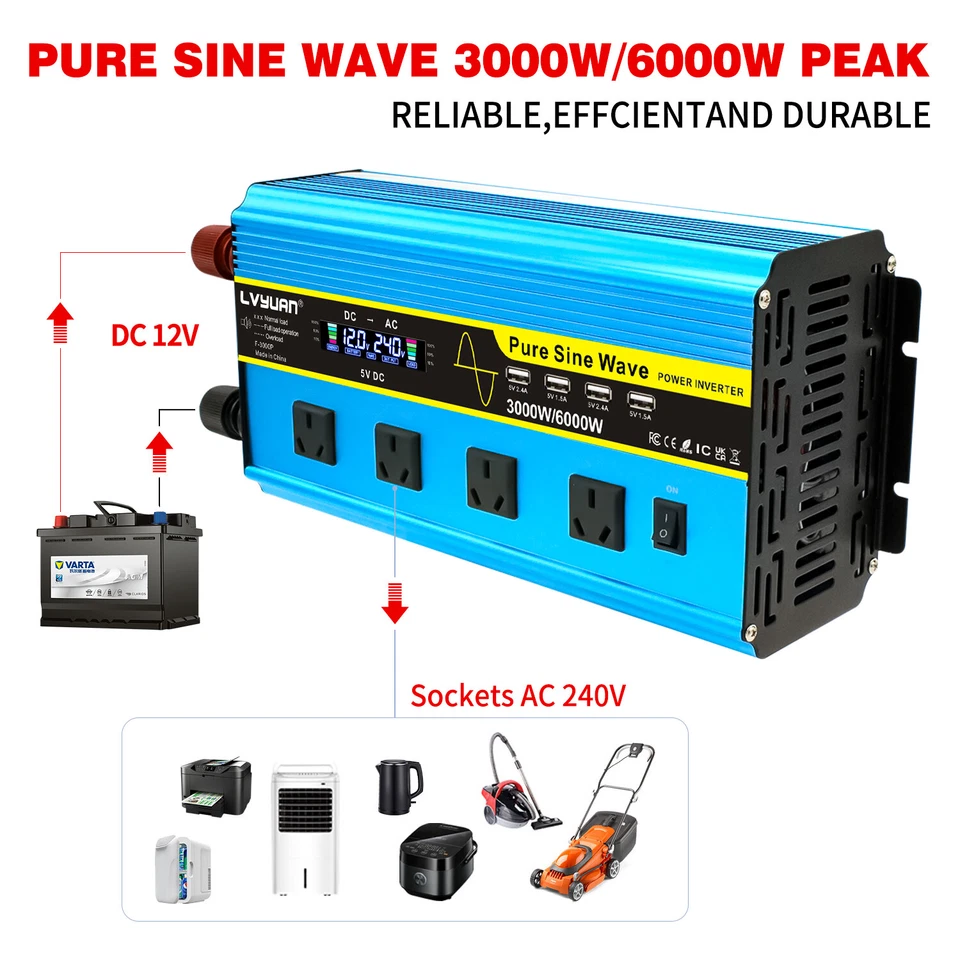 3000W 6000W Pure Sine Wave Power Inverter 12V - 240V 4USB 4Socket Remote Control - image 3 of 4