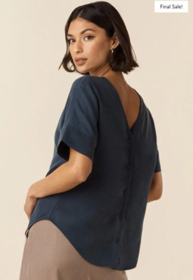 Vetta Capsule Wardrobe Girlfriend Button Down Navy Tencel Shirt | XS