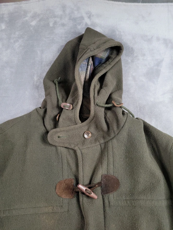 Vtg 90 LL Bean Duffle Coat Mens XXL Tall Green Wool Toggle Jacket Plaid Made USA - Image 2 of 4