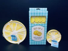 Melamine 12 Piece Lemon Slice Salad Appetizer Roll Plates & Reusable Straw NWT