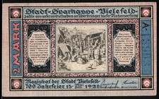 Notgeld Bielefeld 1921, 2 Mark, mittelalterliche Markt- und Heilkunstszene mit  