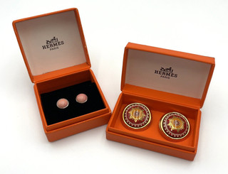 Auth Hermes Enameled Round Mosaic Red/Eclipse Earrings SV Pink W/Box BA020404