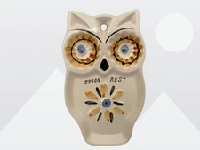 Vintage MCM Cream/Multi-Colored 8" Ceramic Owl Hangable Spoon Rest Made In Japan
