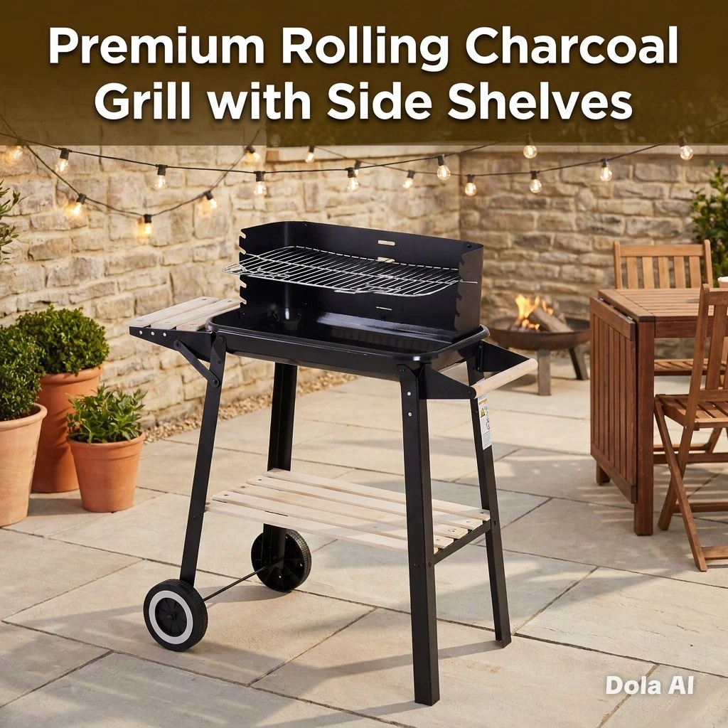 Portable Charcoal BBQ Grill with Wheels &Side Tables OutdoorGarden BarbecueBlack