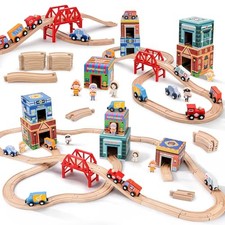 Wooden Train Set with Matching Figures, Vehicles, Stacking and Nesting Blocks,