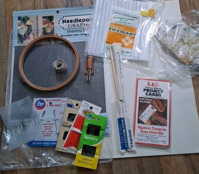 Lot Of Crochet Supplies, A Tassel Maker & A Cross Stitch Kit