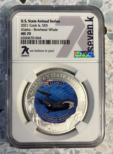 2021 Cook Islands $5 U.S. State Animal Alaska Bowhead Whale NGC MS70 1 oz silver