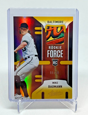 2020 Panini Absolute Rookie Force Mike Baumann RC ORIOLES Logo Patch Gold 09/10