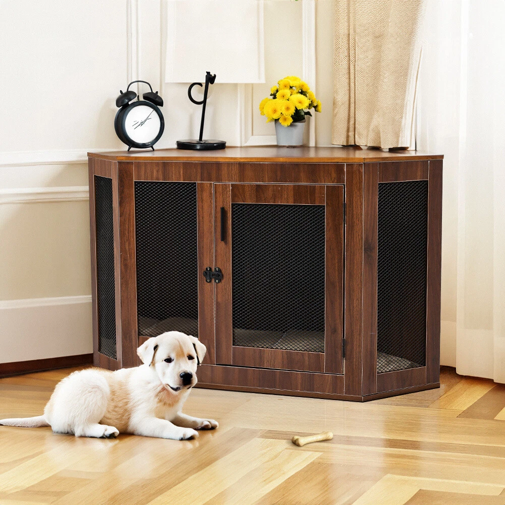 Dog Crate Wire Mesh Cage Wood Dog Crate Furniture End Table Pet