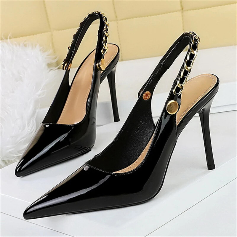 Women Patent Leather Pointed Toe Stilettos Pumps Slingbacks High Heels Shoes