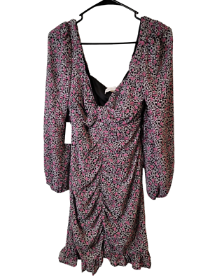 Floret Studios Medium Mini Dress Long Sleeve Ruched Ditsy Pur Floral NWT  $89 | eBay