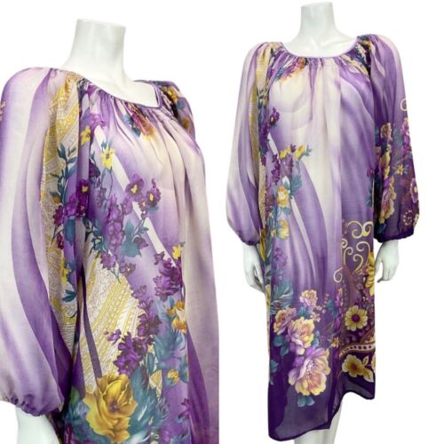 VINTAGE 60s 70s PURPLE LILAC YELLOW FLORAL BOHO SHEER MIDI DRESS 10 12 14 16 18 - Picture 1 of 8