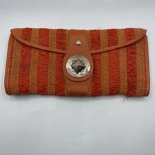 Kate Spade Straw Raffia Orange Gold Clutch Polka Dot Lining