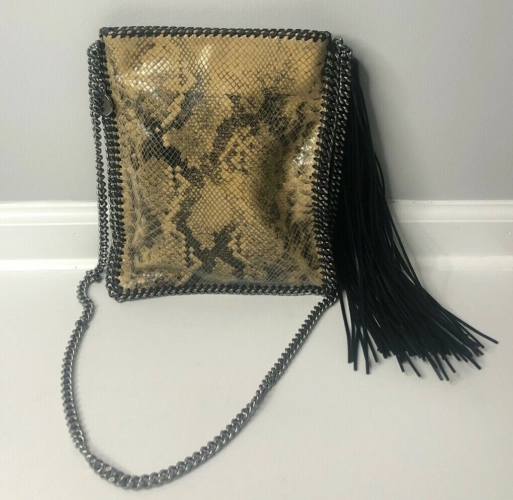 Stella McCartney — Stella McCartney Embossed Snake Print Flat Crossbody Bag w Tassel Italy