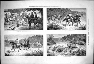 Antiker alter Druck Deccan Jagd Schwein Jagd Hydrabad Meister Speere Echolot 1875