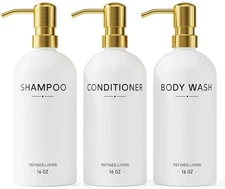 Shampoo and Conditioner Dispenser Set,3 Refillable 16oz Bottles with Stainles...