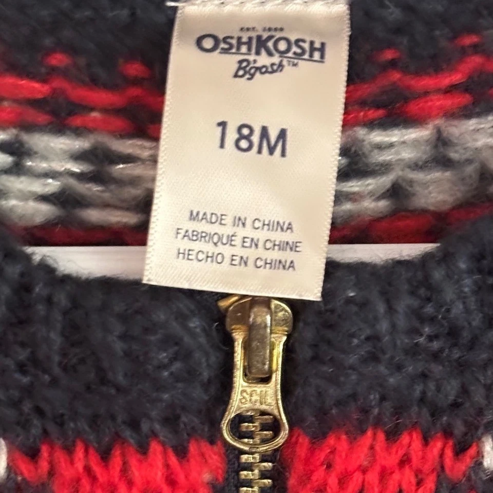 Cardigã suéter OshKosh 18M bebê ilha justa zíper vermelho marinho férias criança em excelente estado usado - Imagem 2 de 4