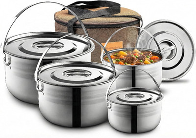 Camping Cookware Set - Compact Stainless Steel Campfire Cooking Pots and Pans |