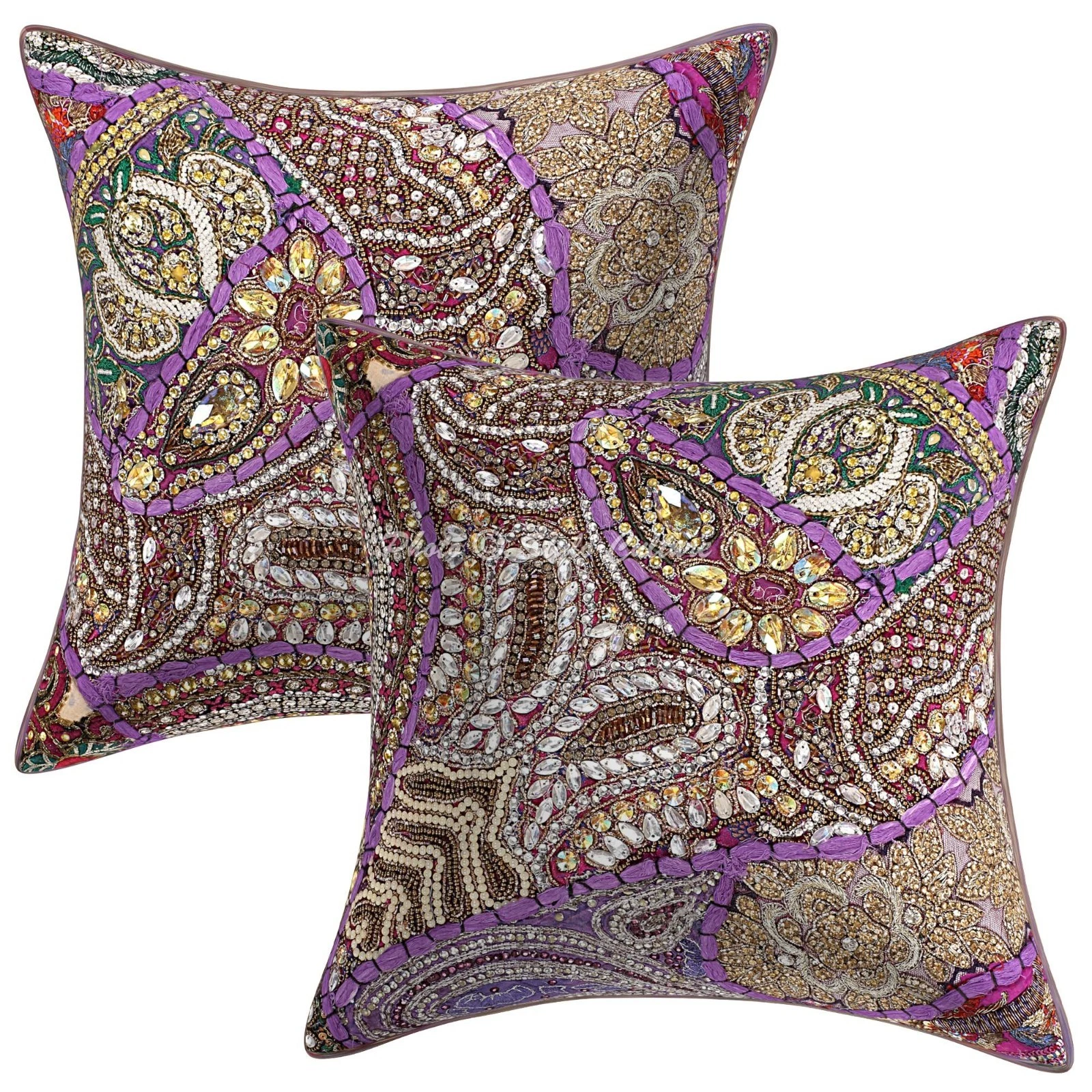 Ethnic Beaded Patchwork Throw Pillow Covers Cotton Floral 60x60 cm Cushion Cover