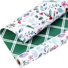 LaRibbons Vintage Christmas Wrapping Paper Roll, Reversible Gift Wrap with Holly