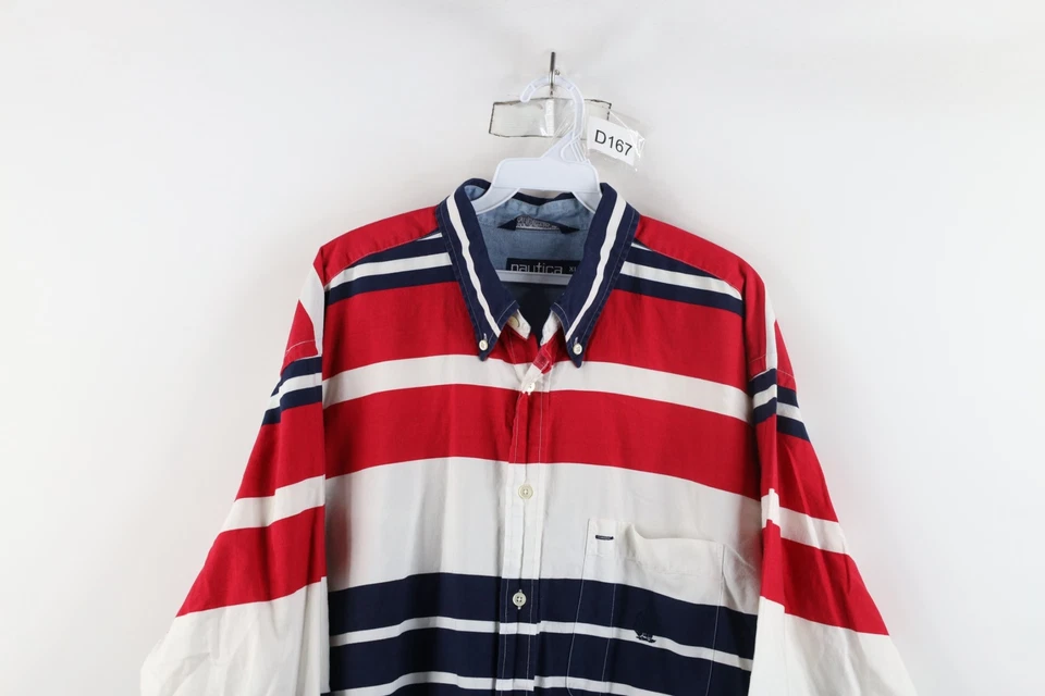 Camisa De Colección Años 90 Nautica Para Hombres XL Desteñida Rayas Bloque de Color Cuello Abotonada Foto 2 de 4