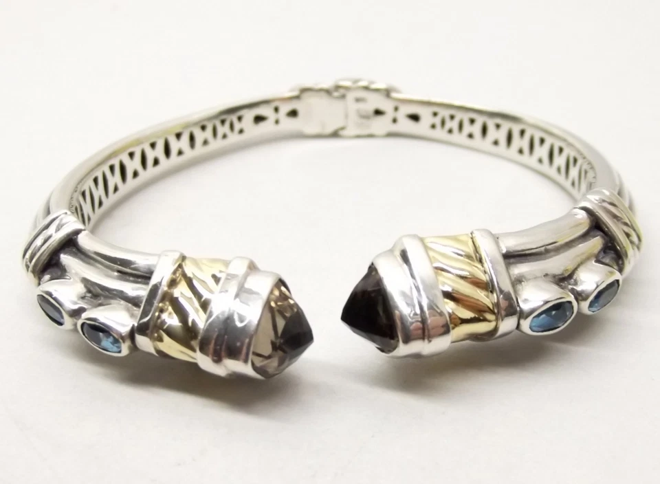 Brazalete Brazalete Samuel B Plata de Ley y Oro 18K Bisagras Topacio Azul BJC Benham Foto 3 de 4