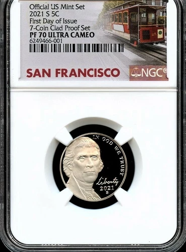 2021 S Jefferson Nickel From 7-Coin Clad Set F.D.O.I. NGC PF70 U.C. (Trolley)
