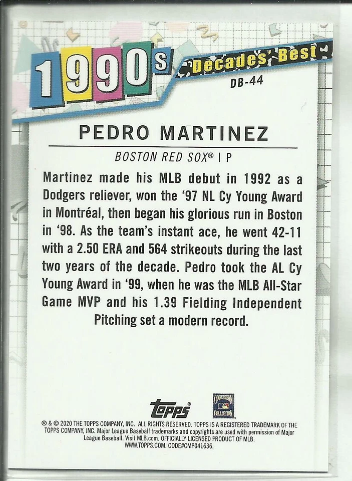 2020 Topps Update Series Decades Best #DB-44 Pitchers Pedro Martinez BOS Red Sox - Image 2 of 2