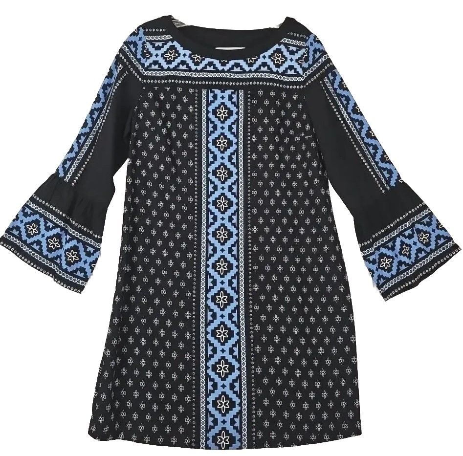 loft boho dress LOFT ~Woman Size MPetite~ Blue Floral Long Sleeve Rayon Boho Dress Unlined