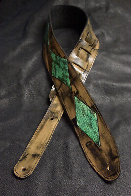leather guitar strap  custom made all by hand  3'' Patches Tuscon snake  SB green