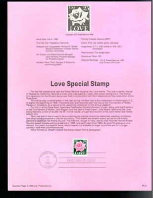 USPS Souvenir Page 88-31, Scott 2378, Love Special Rose 25 cent
