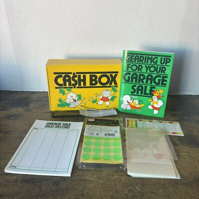 Vintage 1986 Current Inc. Gearing Up For Your Garage Sale Cash Box W Ledger +++