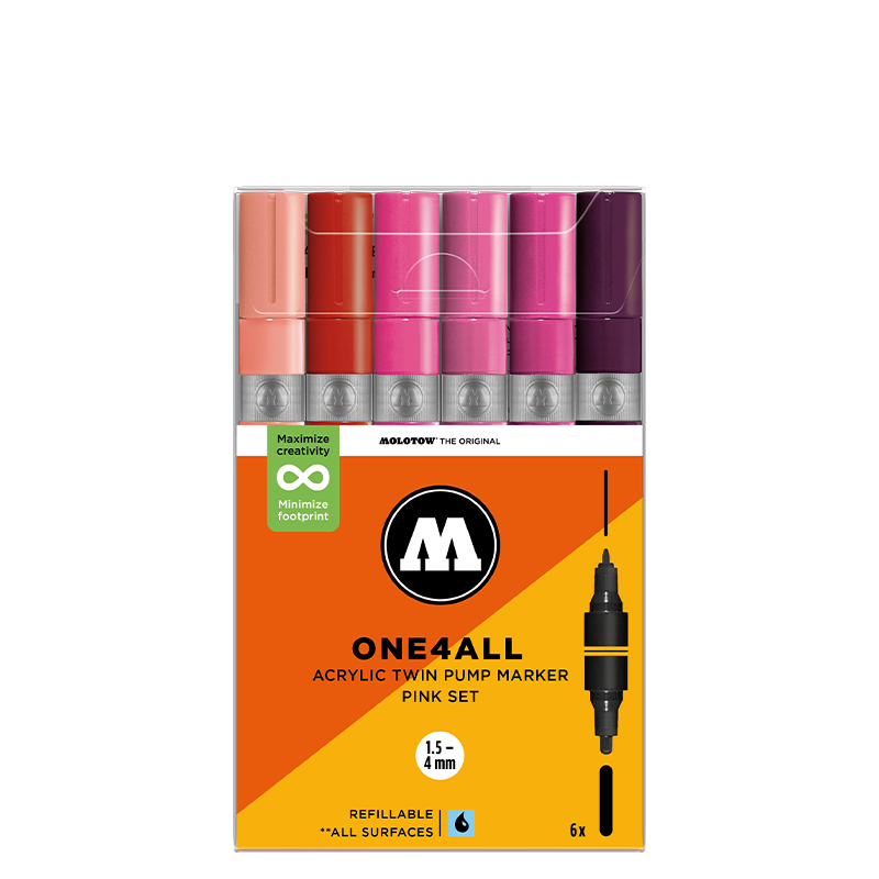 Molotow Acrylic Twin Pink Set - 6 x Acrylic Paint Marker Pump Pens - Dual Tip