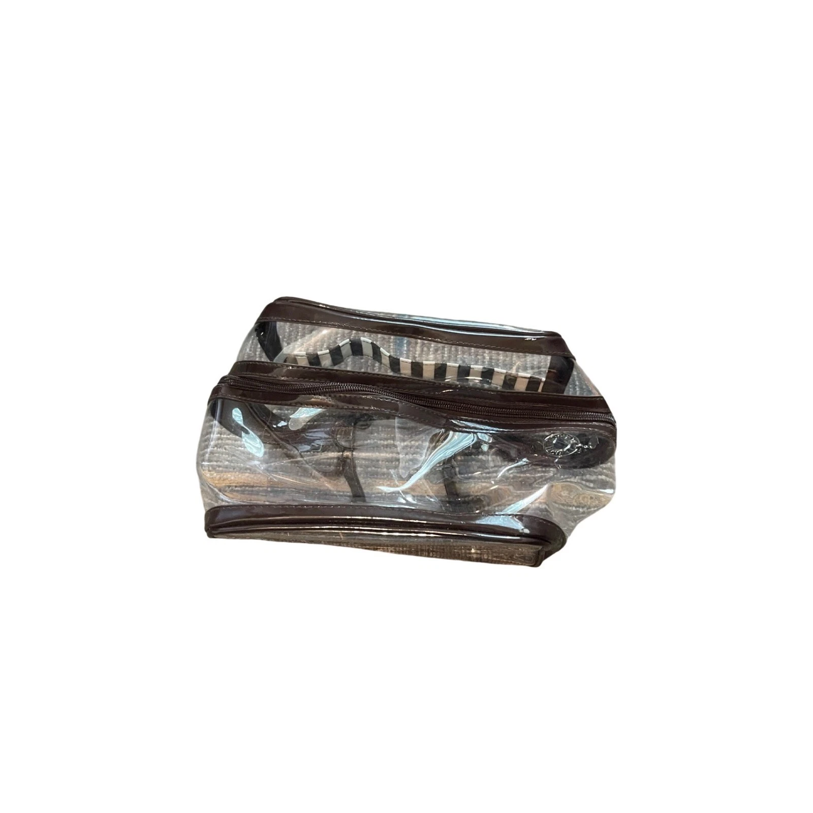 Henri Bendel Striped Clear Cosmetic Pouch Brown White Travel Makeup Bag I05