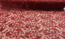 Red Butterfly Sequin Lace Fabric 3D Embroidered Floral Mesh Couture Beaded