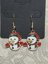 Christmas Snowman Holiday Gold Loop Enamel Drop Dangle Adorable Earring Set