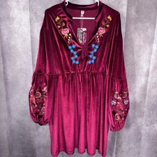 New Women's Plus Size 4X Velvet Embroidered Boho Dress Burgundy Floral Tassel