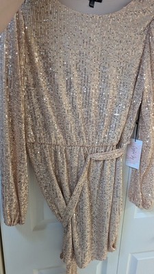Crystal Sky Sequin Belted A-Line Dress Gold Long Sleeve Short Size L Party  | eBay