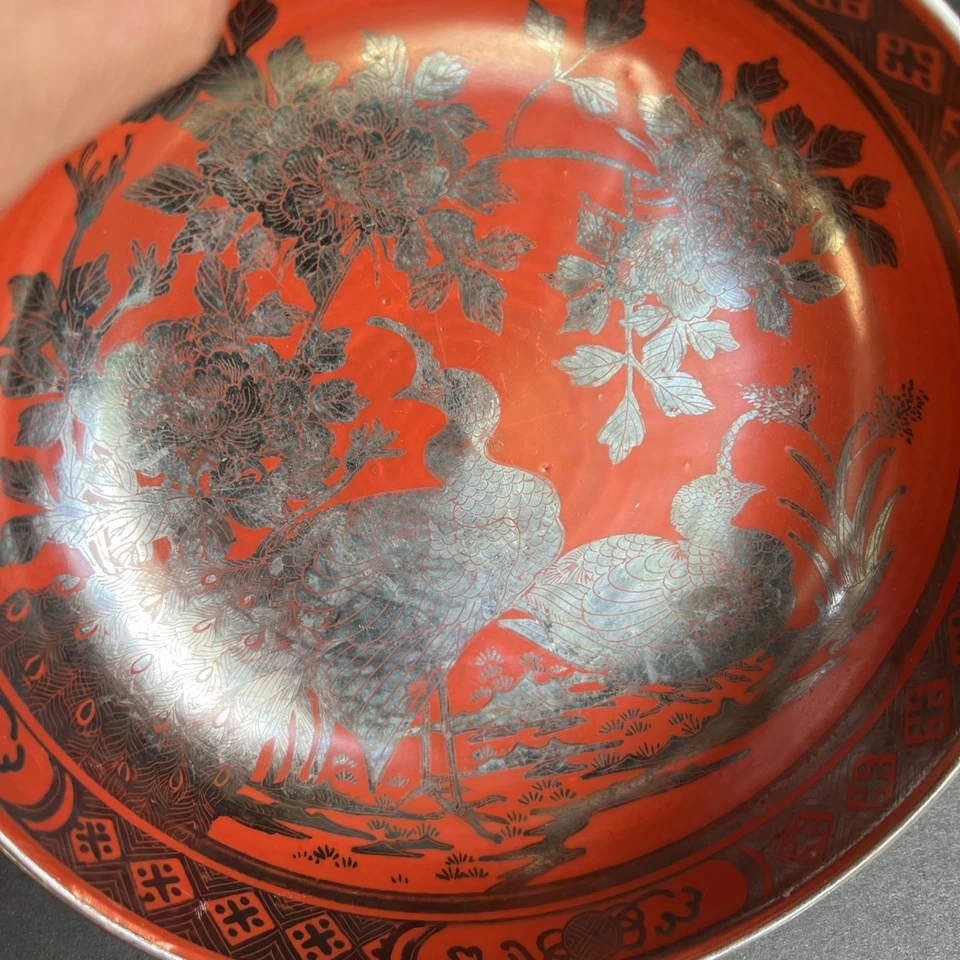 Meiji Japanese Eiraku Silver Kutani Bowl 7” Red Porcelain Cranes Peonies Signed - Image 3 of 4