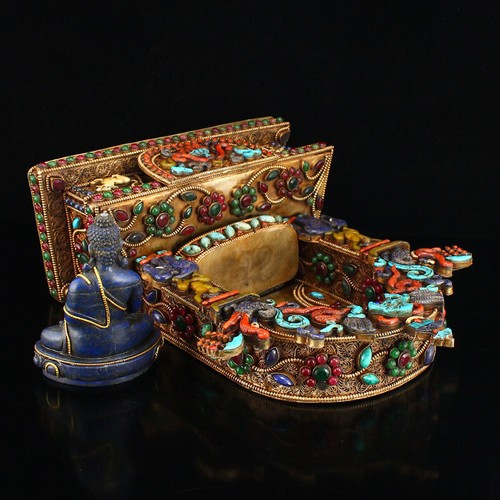 Tibetan Buddhism Lapis Lazuli Sakyamuni Buddha Statue With Silver Wire Inlay Gem - Picture 14 of 16